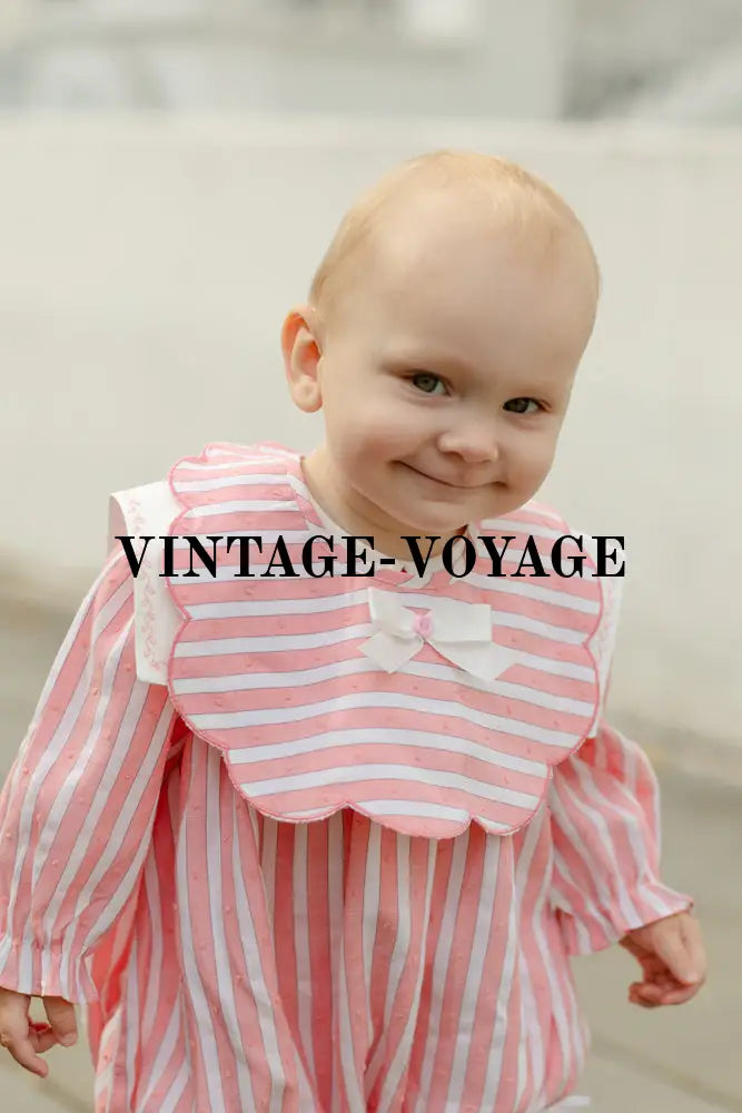 NEW🤩VIVI CORAL🪸STRIPED HAND-EMBROIDERED🧵🪡BABY ROMPER BIB & HAIR ACCESSORIES🎀 Baby & Toddler Outfits