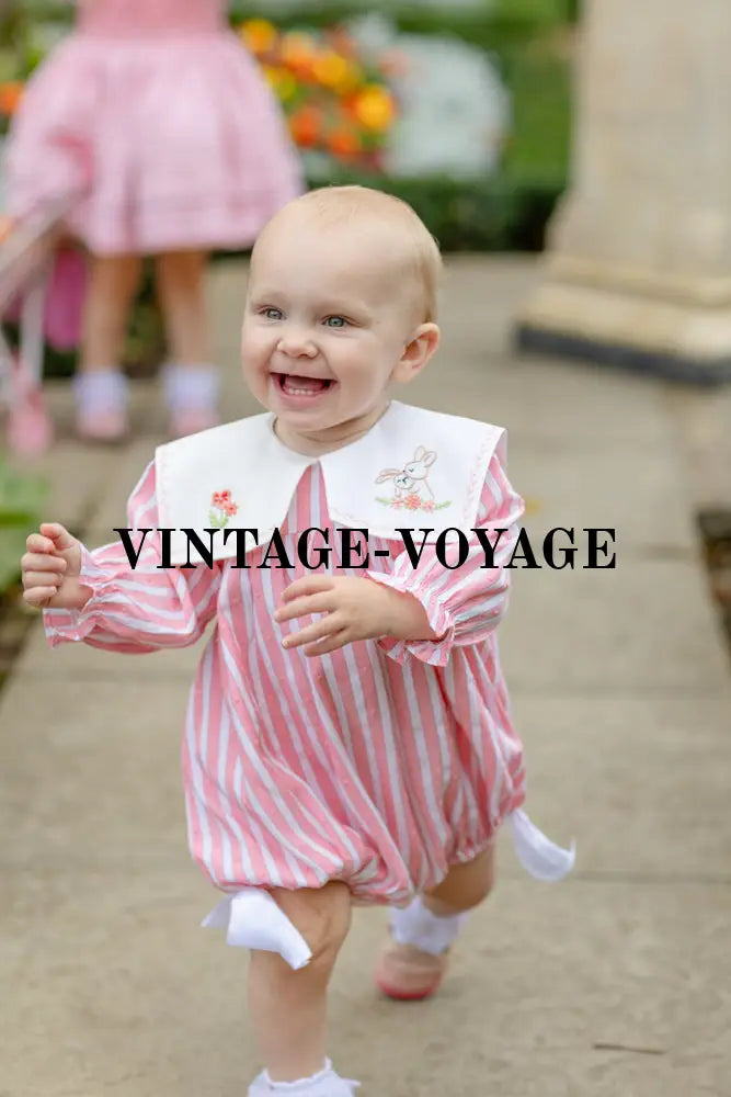 NEW🤩VIVI CORAL🪸STRIPED HAND-EMBROIDERED🧵🪡BABY ROMPER BIB & HAIR ACCESSORIES🎀 Baby & Toddler Outfits