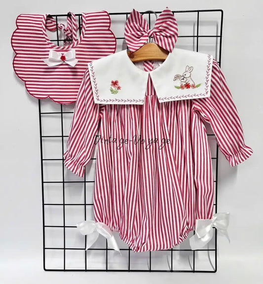 PRE ORDER&GET NEXT WEEK! NEW! VIVI RED STRIPED HAND EMBROIDERED BABY ROMPER BIB & HAIR ACCESSORIES SET NB 1 Baby &