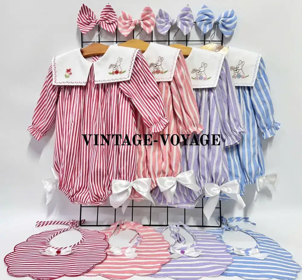 PRE ORDER&GET NEXT WEEK! NEW! VIVI CORAL STRIPED HAND EMBROIDERED BABY ROMPER BIB & HAIR ACCESSORIES SET Baby & Toddler