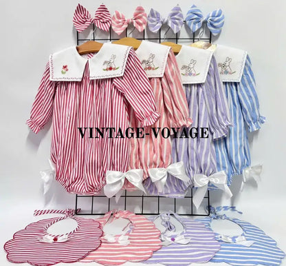 PRE ORDER&GET NEXT WEEK! NEW! VIVI CORAL STRIPED HAND EMBROIDERED BABY ROMPER BIB & HAIR ACCESSORIES SET Baby & Toddler