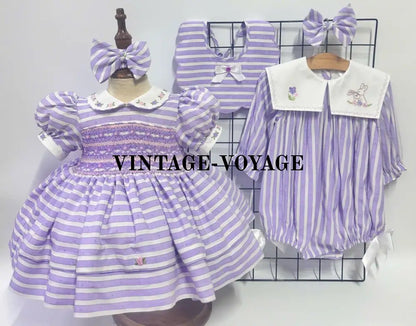 PRE ORDER&GET NEXT WEEK! NEW! VIVI RED STRIPED HAND EMBROIDERED BABY ROMPER BIB & HAIR ACCESSORIES SET Baby & Toddler