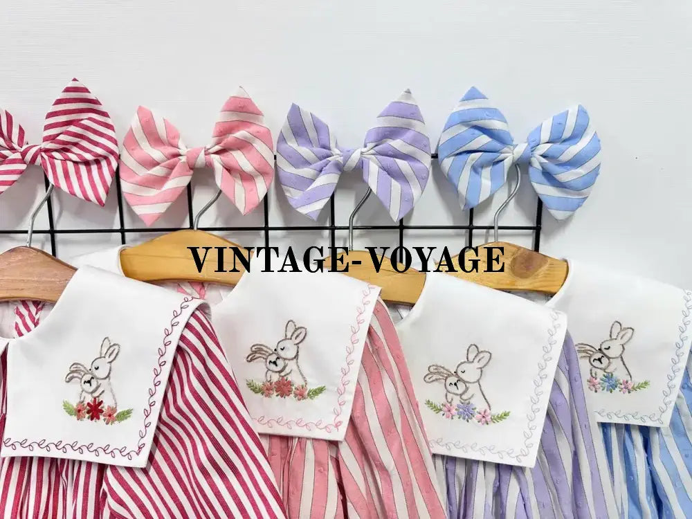 PRE ORDER&GET NEXT WEEK! NEW! VIVI CORAL STRIPED HAND EMBROIDERED BABY ROMPER BIB & HAIR ACCESSORIES SET Baby & Toddler
