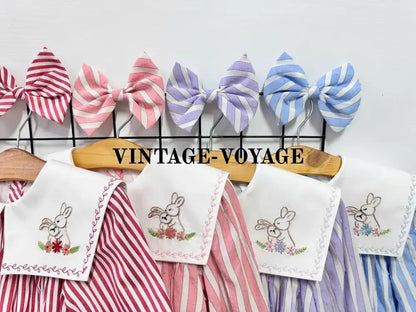 PRE ORDER&GET NEXT WEEK! NEW! VIVI CORAL STRIPED HAND EMBROIDERED BABY ROMPER BIB & HAIR ACCESSORIES SET Baby & Toddler