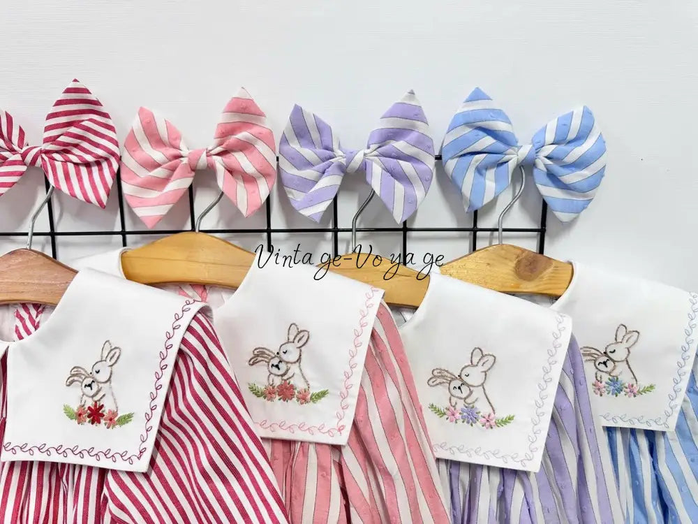 PRE ORDER&GET NEXT WEEK! NEW! VIVI RED STRIPED HAND EMBROIDERED BABY ROMPER BIB & HAIR ACCESSORIES SET Baby & Toddler