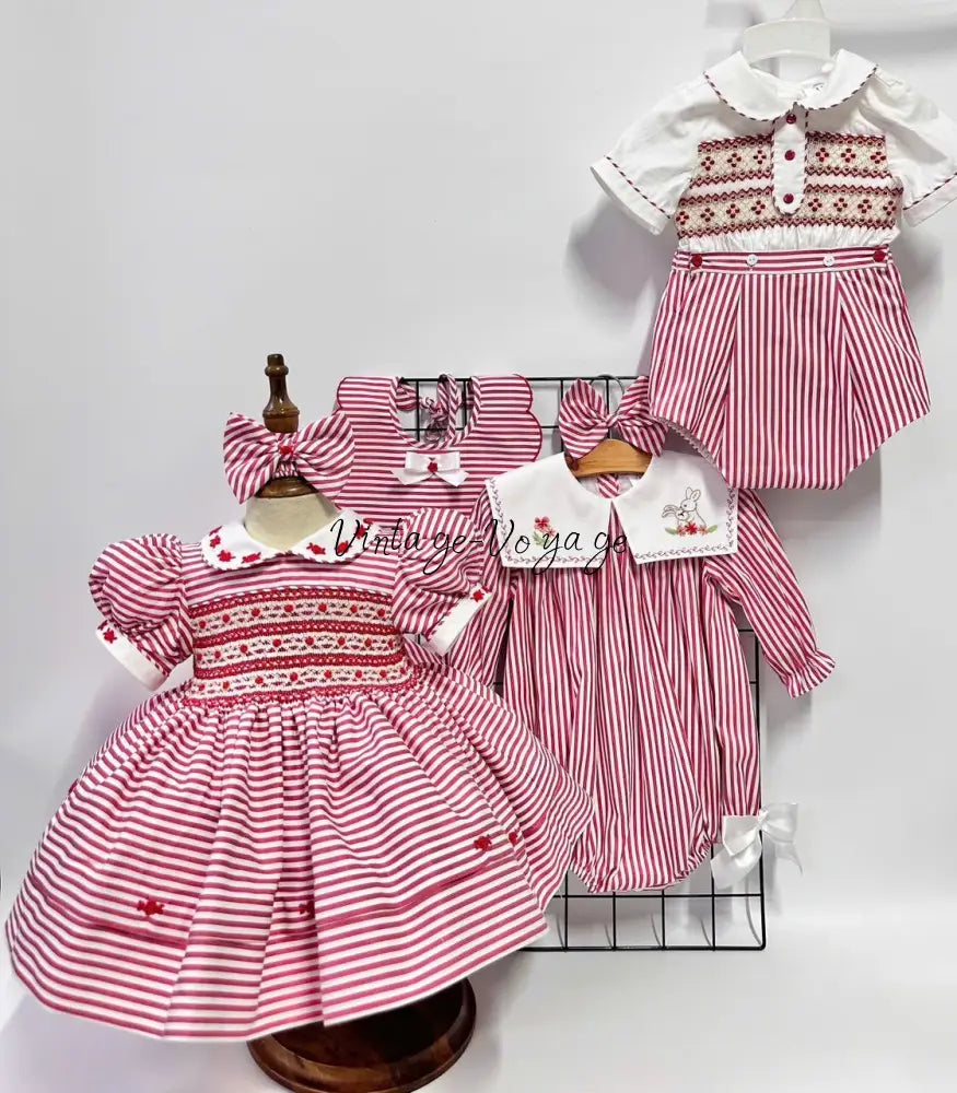 PRE ORDER&GET NEXT WEEK! NEW! VIVI RED STRIPED HAND EMBROIDERED BABY ROMPER BIB & HAIR ACCESSORIES SET Baby & Toddler