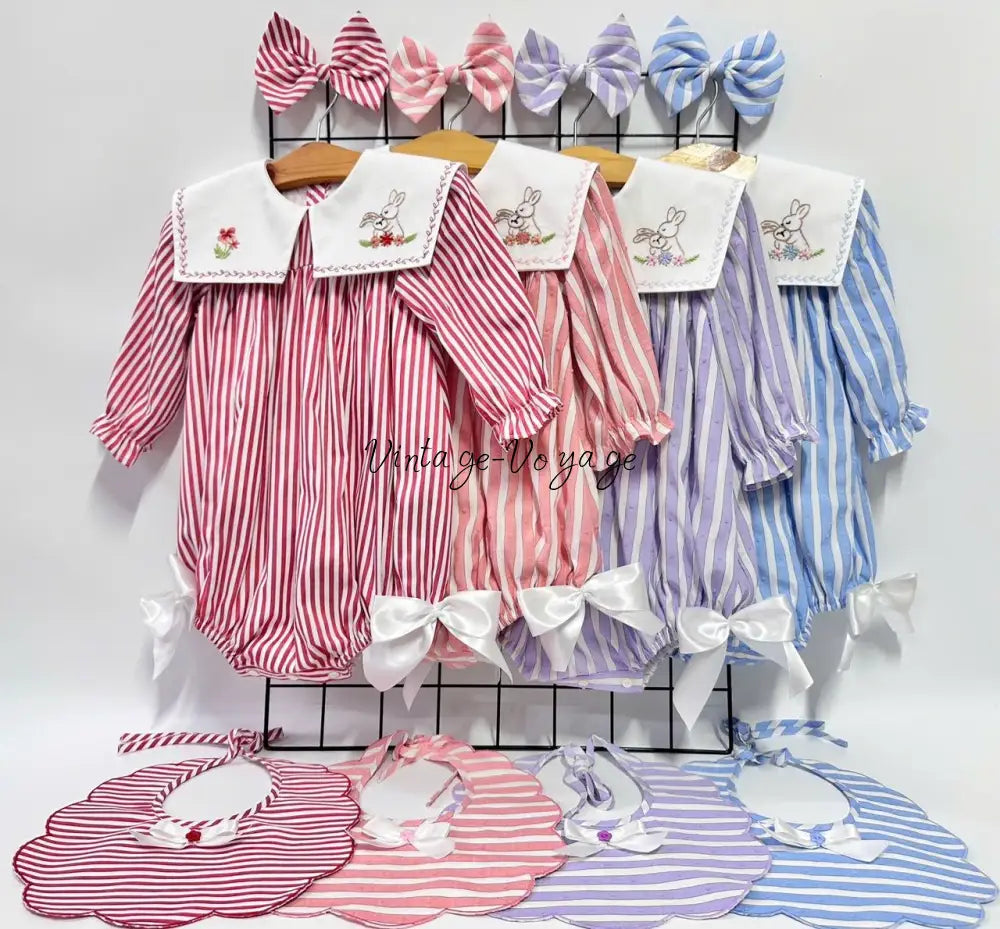 PRE ORDER&GET NEXT WEEK! NEW! VIVI RED STRIPED HAND EMBROIDERED BABY ROMPER BIB & HAIR ACCESSORIES SET Baby & Toddler