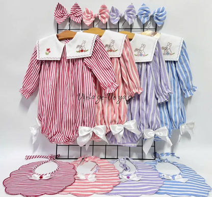 PRE ORDER&GET NEXT WEEK! NEW! VIVI RED STRIPED HAND EMBROIDERED BABY ROMPER BIB & HAIR ACCESSORIES SET Baby & Toddler