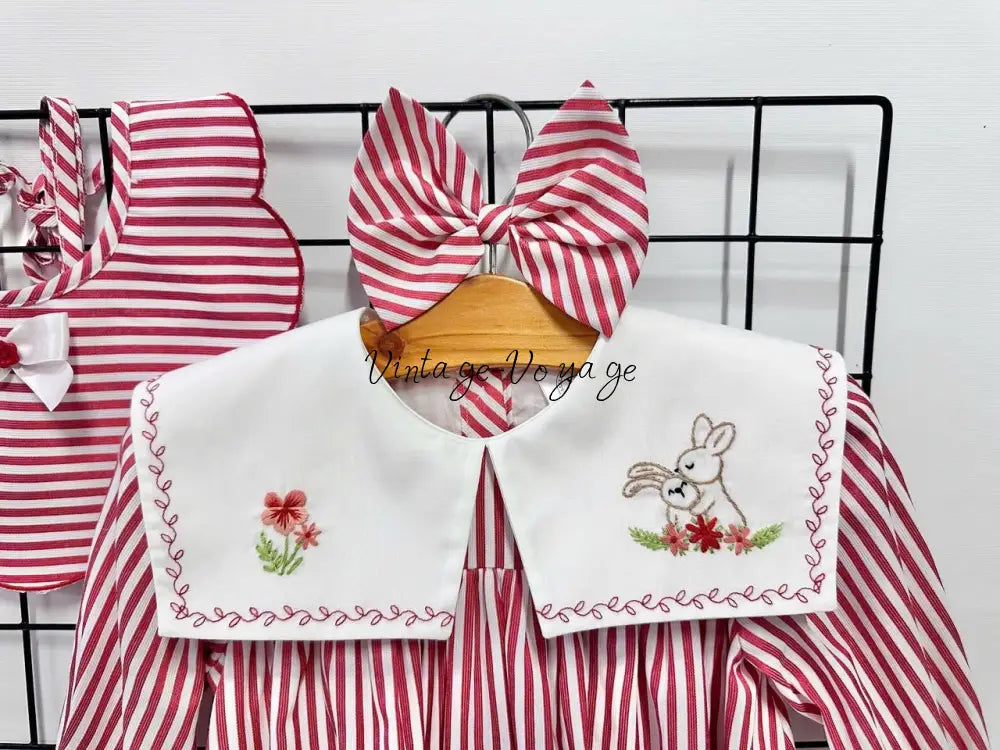 PRE ORDER&GET NEXT WEEK! NEW! VIVI RED STRIPED HAND EMBROIDERED BABY ROMPER BIB & HAIR ACCESSORIES SET Baby & Toddler