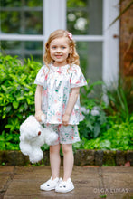 Load image into Gallery viewer, &quot;Camelia&quot; Floral Silk/Satin Pyjama Set - pyjama set by Vintage Voyage UK - baby, babyclothes, babygirl, children, childrenclothes, childrensboutique, designerclothes, embroidery, girl, infant, lace, london, londonstyle, outfit, pyjama, ruffles, satin, shoponline, shortsleeves, toddler, traditional, vintagevoyage
